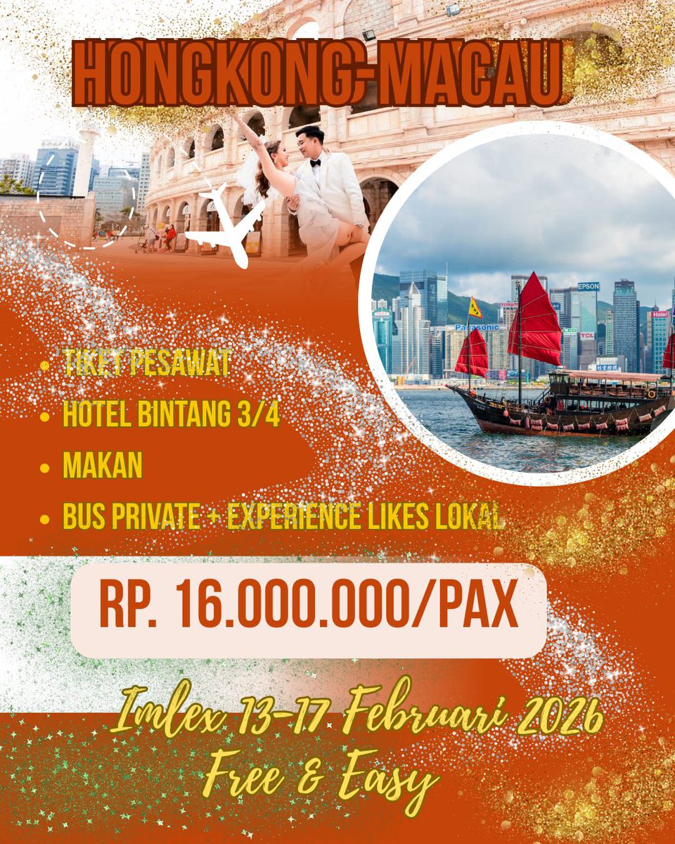 Christian_9428's tweet photo. Paket Tour Hongkong Macau 5 Hari

Nikmati The Peak, Peak Tram, Avenue of Stars, Macau, Venetian, Parisian, hingga waktu bebas ke Disneyland. Mulai Rp16. 000. 000 termasuk tiket pesawat, hotel, makan, transportasi, dan guide Indonesia. https://t.co/izCXPDNEqf