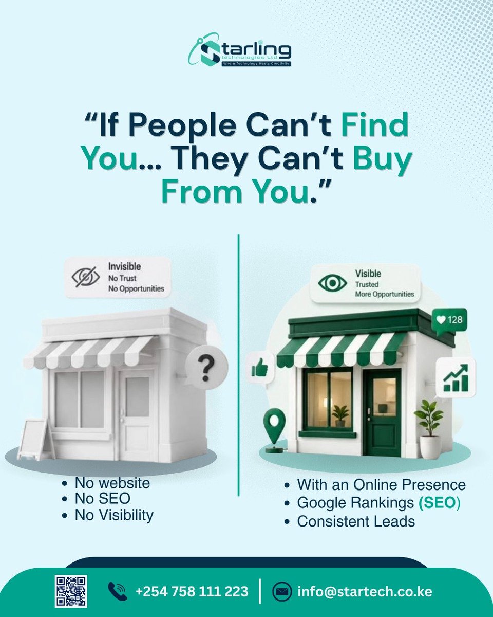 startechKE's tweet photo. Hundreds of customers search for services like yours every day. If you don't have a website optimized for Google, they are finding your competitors instead.
Connect with Starling Technologies to get started:
📱 +254 758 111 223 
💻 info@startech.co.ke
https://t.co/vc7TvAzVJ9 https://t.co/dN7wdQSd7t