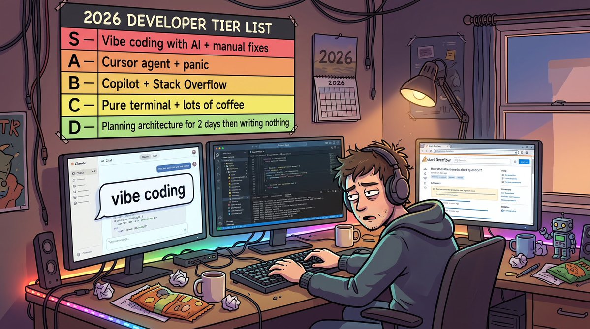 n1xonweb's tweet photo. Tier list of how developers actually write code in 2026:

S: vibe coding with Claude then manually fixing the weird parts
A: Cursor agent mode + occasional panic
B: Copilot autocomplete + Stack Overflow in another tab
C: pure terminal + lots of coffee
D: planning the architecture for 2 days then writing nothing
where do you sit? ☕
