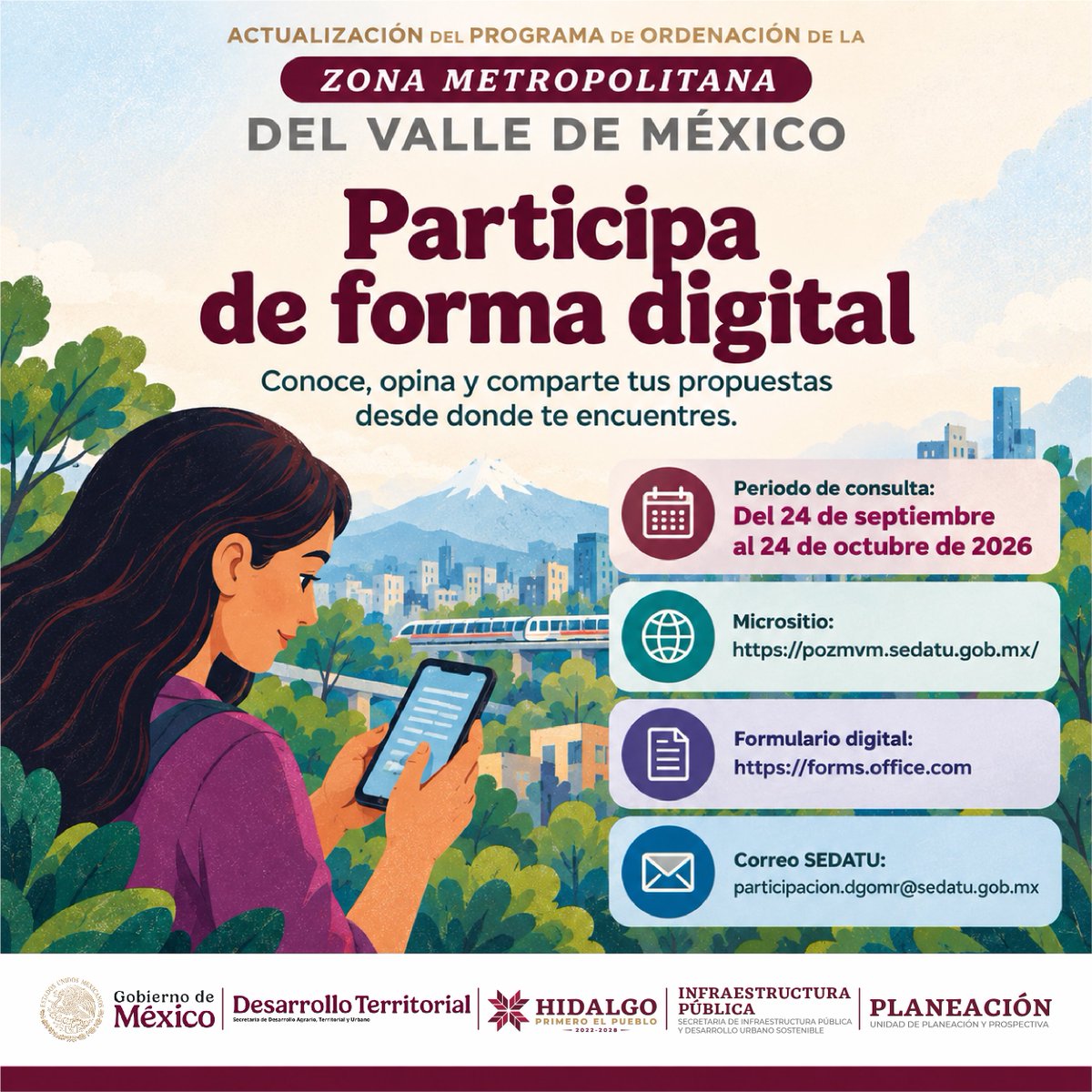 OrigenyDestinoH's tweet photo. Participar en la consulta pública es más fácil.
Desde el micrositio puedes conocer la información del #POZMVM y enviar tus comentarios y propuestas mediante los canales habilitados.
Consulta: 🔗 https://t.co/P1uYHlZIPt

📅 Al 24 de octubre de 2026. https://t.co/lG99kbEEvq