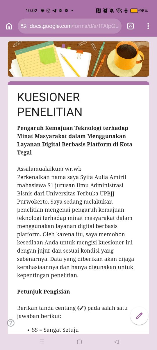 Xeevrf's tweet photo. Hai teman-teman semua! 👋
Aku lagi butuh bantuan responden kuesioner 
Dengan Kriteria :
. Berdomisili kota Tegal 
. Pernah menggunakan layanan digital berbasis platform 

tolong bantu isi link di bawah ini yaa:
🔗https://t.co/iXNyFPiYQM
@utfess https://t.co/TFslzbWw4h