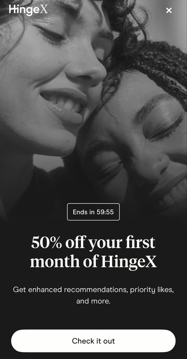 Post_Thirty's tweet photo. Before you renew HingeX:

1. Turn off auto-renew while you have it

2. Let it expire

3. Wait 2 weeks max

4. You will randomly log in and they will offer you a 50% discount

Yes, Woke background. Make of that what you will. https://t.co/RGAteOlh1P