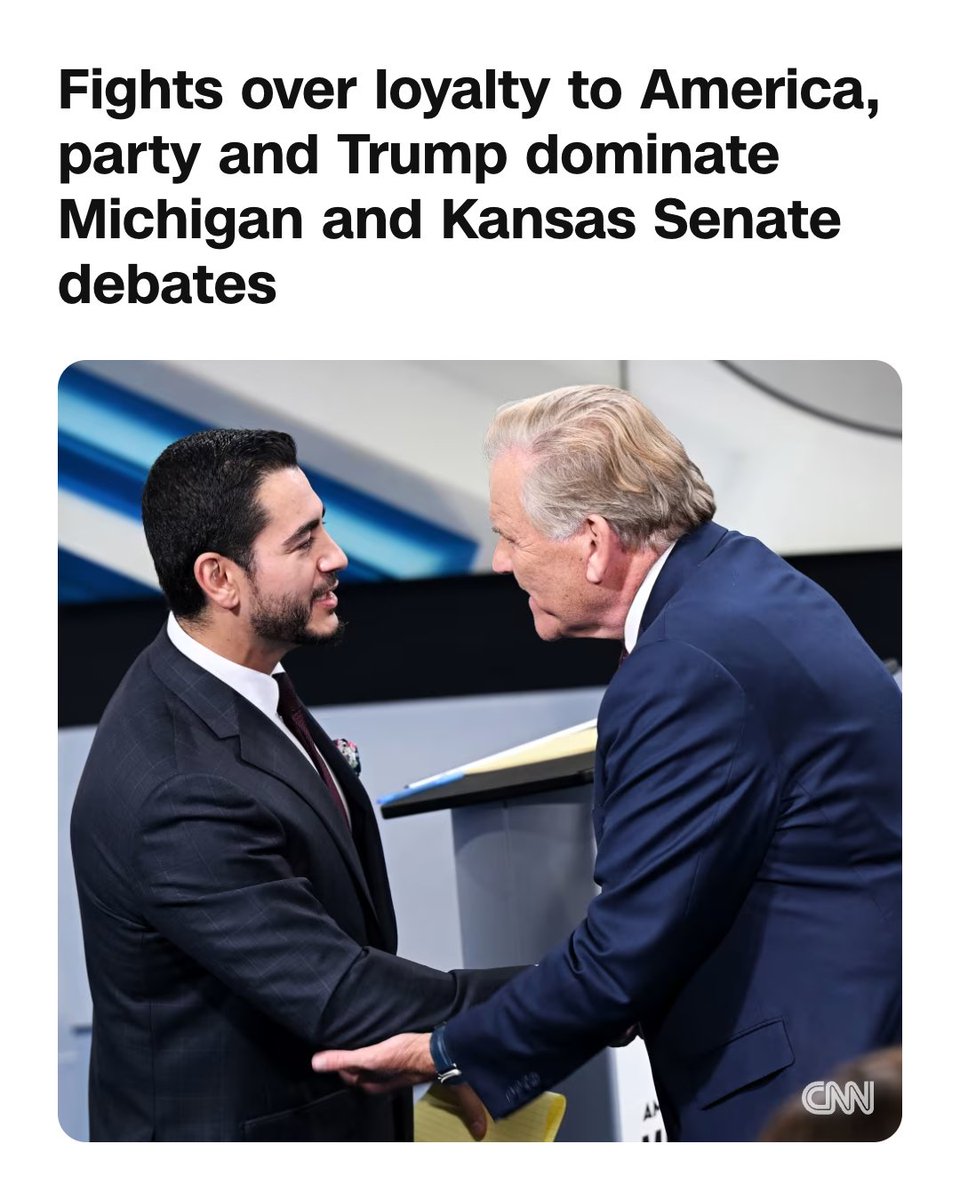 CNNPolitics's tweet photo. Michigan and Kansas held some of the final major Senate debates of the 2026 midterm elections on Wednesday night. And they were a study in contrasts. 

Takeaways from the two crucial debates: https://t.co/XdKCatSaRP https://t.co/o2EqjuqaPp