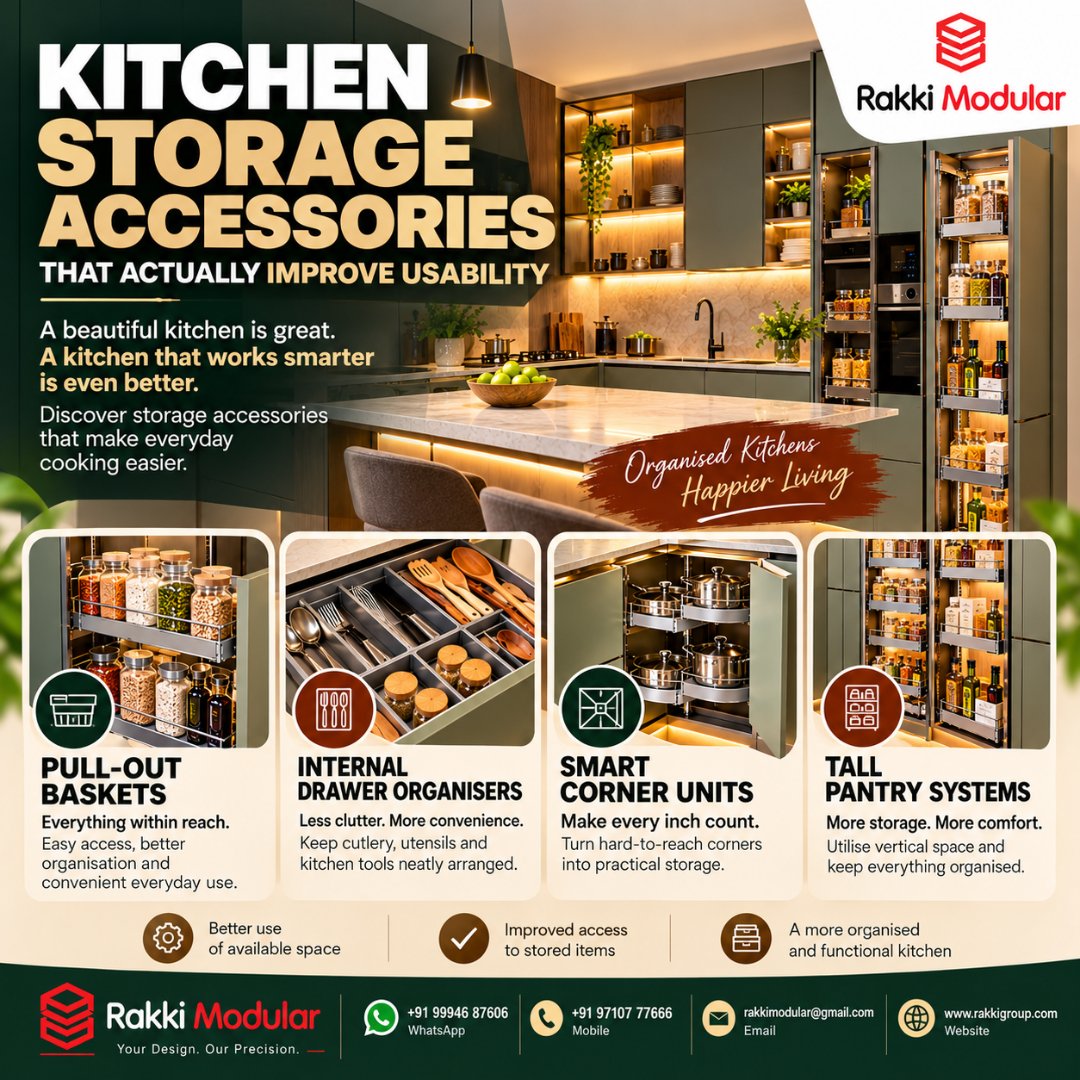RakkiModular's tweet photo. 🍳✨ Make your kitchen more functional with pull-out baskets, pantry units, drawer organisers &amp; corner storage solutions. Smart accessories mean less clutter and easier cooking!

📞 +91 99946 87606 
#RakkiModular #KitchenStorage https://t.co/8kHceMIala