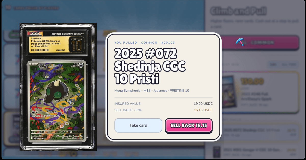 JWanderKing's tweet photo. TCG on Solana keeps getting more and more creative

Most platforms so far are some version of a gacha machine: pay, rip, see what you get

@tcgminer just launched today and they're taking a pretty different angle on it

> 10 USDC per round
> Cards worth up to 100x your entry at the top

What i like about this project is the decision layer. At every pull stop you choose to take the card or keep climbing, so it's not purely about luck but also how much nerve you have

They also lock and hash the bomb map before your first pick, then reveal it after the round. Every round is onchain so anyone can verify they didn't move the bomb on you

Nice to see @Collector_Crypt powering yet another app in the ecosystem

Still super early obviously. Pool size will matter a lot and i'd want to see how fast they add new cards

Already pulled a card worth 19 USDC ( 1.9x ) on my first try, thanks @tcgminer !