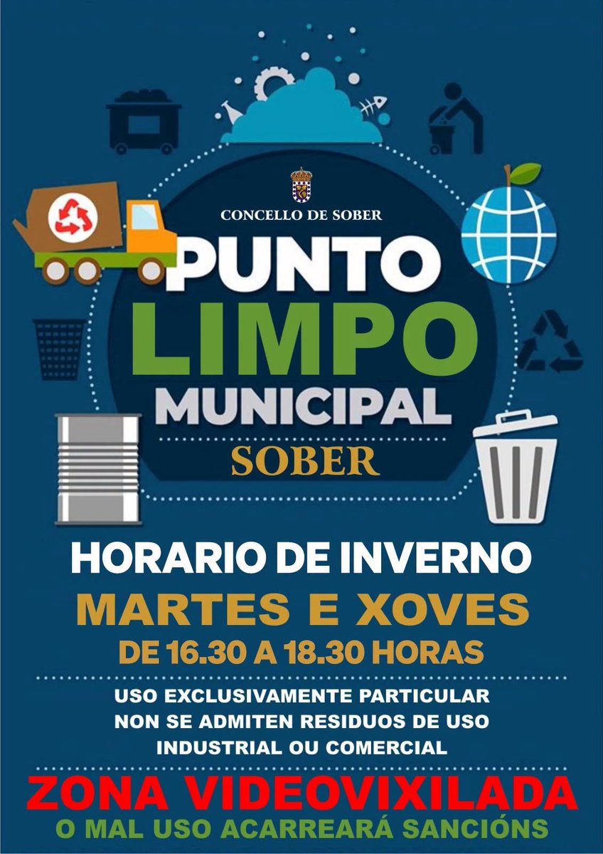 ConcellodeSober's tweet photo. 🟪♻️ Hoxe, xoves, abre o Punto Limpo Municipal de Sober, en horario de 16.30 a 18.30 horas. https://t.co/HwuUP0VM6N