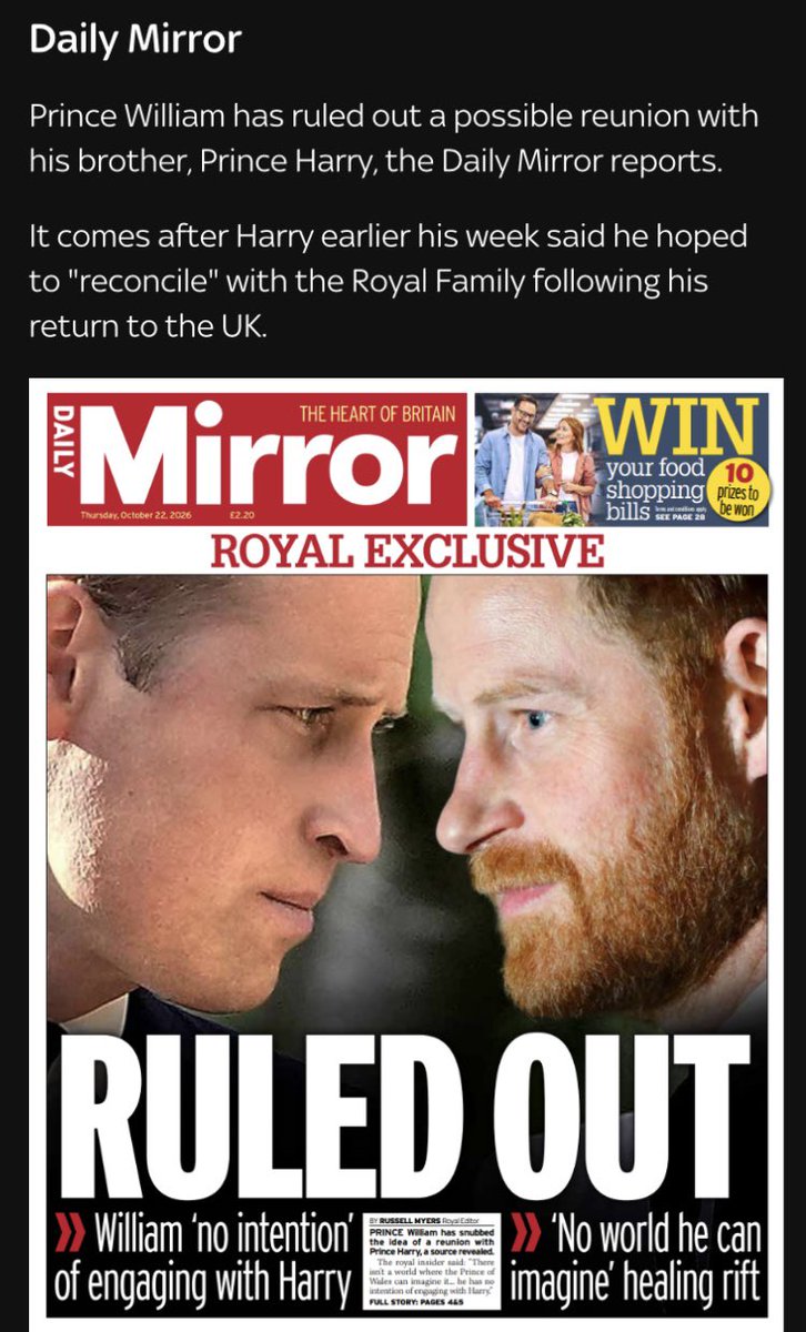SonyaPaterson's tweet photo. Prince William has ruled out a possible reunion with his brother, Prince Harry, Thursday's Daily Mail reports!

I would say the Daily Mirror article says Prince Harry's reconciliation suffered a crash landing. 😵‍💫 https://t.co/kwP9wiGCLh