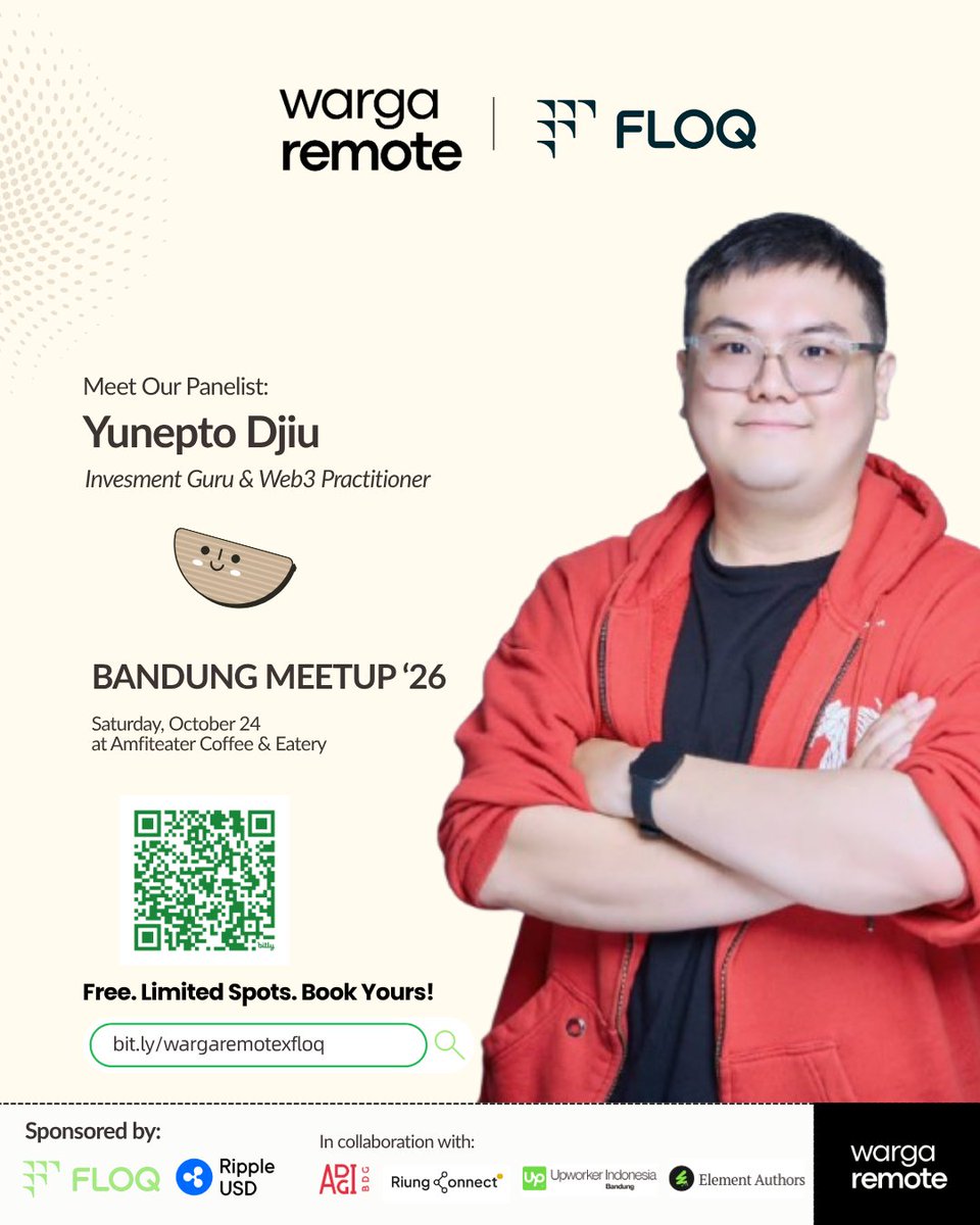 WargaRemote's tweet photo. Meet one of our panelists:
Yunepto – Investment Guru &amp; Web3 Practitioner @cryptosiastdao 

​Warga Remote x FLOQ @floq_id: Bandung Meetup 2026
📆 Saturday, October 24, 2026
🕕 Start 13:00 WIB

https://t.co/27a3xuyKev https://t.co/cvRt0DoWUv
