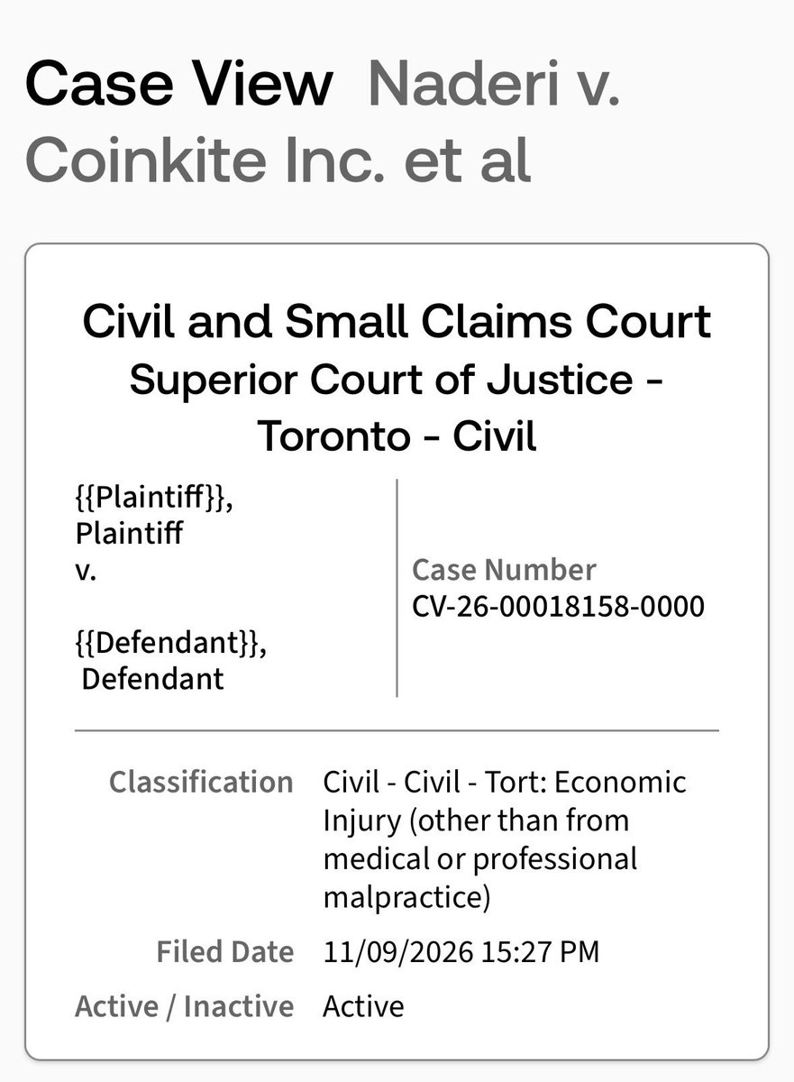 BitcoinNewsCom's tweet photo. CLASS ACTION LAWSUIT REPORTEDLY FILED AGAINST COLDCARD MAKER COINKITE AND CEO RODOLFO NOVAK IN CANADA

Ontario court records show Amir Reza Naderi as the plaintiff in a civil lawsuit naming Coinkite Inc. and Rodolfo Novak as defendants.

The case, filed in Toronto’s Superior Court of Justice, is classified as an economic injury claim.

Case No. CV-26-00018158-0000.