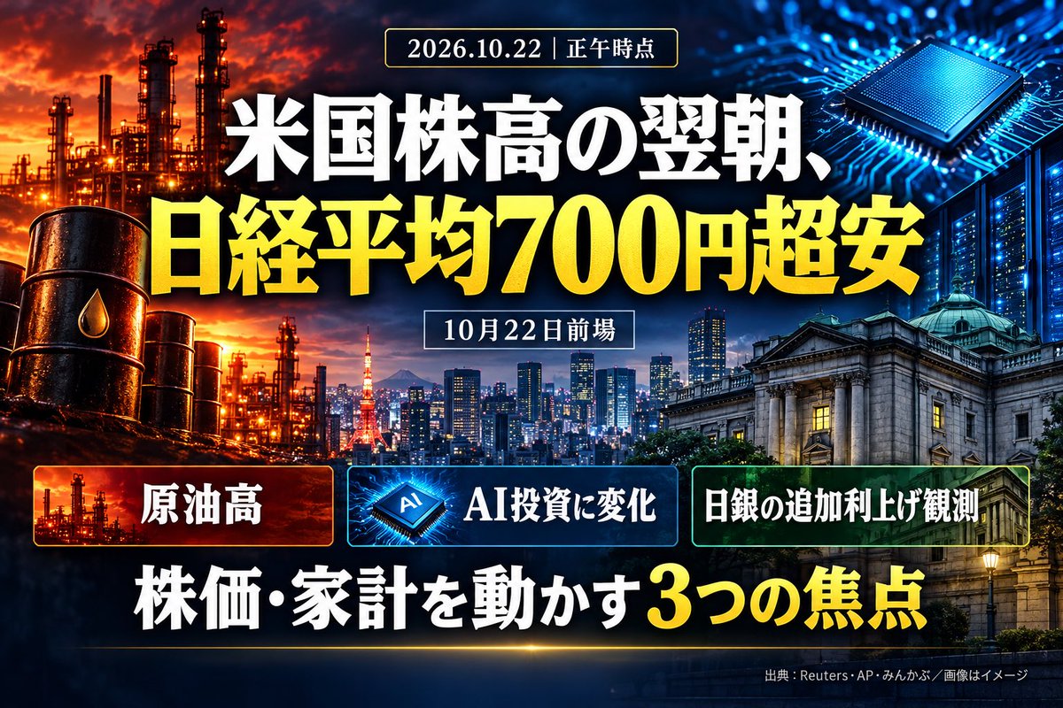 taroin_x's tweet photo. 米国株が上がった翌朝、日本株は700円超安。
「AIが強いから株は上がる」だけでは、今日の経済は読み解けない。

【10月22日・正午時点】
今日押さえたいのは、原油、AI投資、日銀、欧州の金利。別々のニュースに見えて、企業の利益と私たちの生活費でつながっている。

①米国株高でも、日本株は下落

21日の米国市場は、S&P500が0.6％、ダウが0.7％、ナスダック総合が1.1％上昇。企業決算が相場を支えた。(https://t.co/KkKp2Zbb3a)

ところが22日前場の日経平均は、前日比703.81円安の63,917.43円。韓国株も同時点で2％超下落し、午前11時27分のナスダック100先物は1％安だった。(https://t.co/eskEOYuPkB, https://t.co/eskEOYuPkB)

ここからの私の見方は、昨夜の株高だけで安心できないということ。市場は過去の決算を評価しながら、次の投資計画や原油価格も同時に織り込んでいる。

②原油110ドル台。家計にも企業にも重い

22日午前のブレント原油は、1バレル110ドル前後。中東情勢への警戒が続き、約5カ月ぶりの高値に近い水準となった。(https://t.co/1FsQcgKLFt)

原油高は、ガソリンだけの問題ではない。輸送費、原材料費、エネルギー関連費用に波及し、価格転嫁が進めば食品や日用品にも影響する。逆に値上げできない企業は、利益を削られる。

さらに物価高が長引けば、中央銀行は金利を下げにくい。原油の上昇が「生活費の増加」と「企業の資金調達負担」を同時に招く可能性がある。株を持たない人にも関係するニュースだ。

③テスラとAIサーバー企業で、異なる材料

テスラは2026年の設備投資見通しを、従来の250億ドル超から約200億ドルへ引き下げた。手元資金にはプラスでも、成長投資の進み方をどう評価するかが焦点になる。(https://t.co/1FsQcgKLFt)

一方、AIサーバーのスーパー・マイクロ・コンピューターは、四半期売上高を185億〜195億ドルと予想。市場予想の約152億ドルを上回る見通しを示した。(https://t.co/1FsQcgKLFt)

この違いは大切だと思う。一社の投資削減でAI需要全体の失速は断定できず、一社の好調で関連株すべての割安も証明できない。

NVIDIA、ブロードコム、マイクロン、日本ならアドバンテストやキオクシア。関連銘柄を見る際は、それぞれの顧客、受注、利益率、投資計画を分けて確認したい。「AI関連」という言葉だけでまとめると、企業ごとの差を見落とす。

④円安と追加利上げ。日本にも難しい局面

ドル円は22日朝、158円前後で推移。前日の21日には、日銀の氷見野副総裁が追加利上げに前向きな姿勢を示した。ただし、今日利上げが決まったという話ではない。(https://t.co/wlGJ1RMTBM, https://t.co/1FsQcgKLFt)

円安は海外売上の円換算額を押し上げる一方、輸入品や燃料の支払いを重くする。利上げも、銀行の利ざやには追い風となり得るが、借入の多い企業や家計には負担となり得る。

だから「円安なら日本株高」「利上げなら全部売り」とは言い切れない。輸出比率、仕入れ通貨、借入条件によって、同じニュースの受け止め方は変わる。

⑤欧州では、物価と財政への警戒

21日発表の英国の9月消費者物価上昇率は、前年同月比3.5％。8月の3.1％から加速した。同日のフランスでは、10年国債利回りが2002年以来の5％に達した。(https://t.co/1FsQcgKLFt, https://t.co/1FsQcgKLFt)

私が気になるのは、物価高対策のために支出を増やしたい政府ほど、金利上昇によって財政の余裕を失いやすくなる点だ。

国債の金利は、企業融資や住宅ローンの価格にも影響する。遠い国の問題として片付けず、インフレと借金の負担がどう連動するかを見たい。

⑥今夜は米国の雇用と景気を確認

日本時間21時30分に米新規失業保険申請件数、23時に米景気先行指数の発表が予定されている。同じ23時には、ユーロ圏の消費者信頼感指数の速報も出る(https://t.co/eskEOYuPkB)

雇用が強ければ消費には安心材料だが、金融引き締めが続くとの見方につながる場合もある。弱ければ金利低下への期待が出ても、企業業績への不安が強まることがある。

数字の良し悪しに加え、市場予想との差と、発表後の金利・為替・株価の反応まで確認したい。

また、決算で売上や利益が市場予想を上回っても、株価が上がるとは限らない。先行きの見通しが弱かったり、すでに高い成長期待が株価に含まれていたりすれば、好決算でも売られる。逆に減益でも、想定より悪くなければ買われることがある。

家計の目線では、賃金の伸びが生活費の増加に追いつくかも重要だ。株高と暮らしの改善は、必ずしも同じ速度では進まない。企業の成長、物価、金利の三つを一緒に見ることで、経済ニュースが自分の財布にどうつながるかが見えてくる。

日々の値動きで結論を急ぐより、売上が伸びても現金が残るか、コスト増を吸収できるか、投資を続ける余力があるかを見る。

$TSLA $SMCI $NVDA $AVGO $MU
