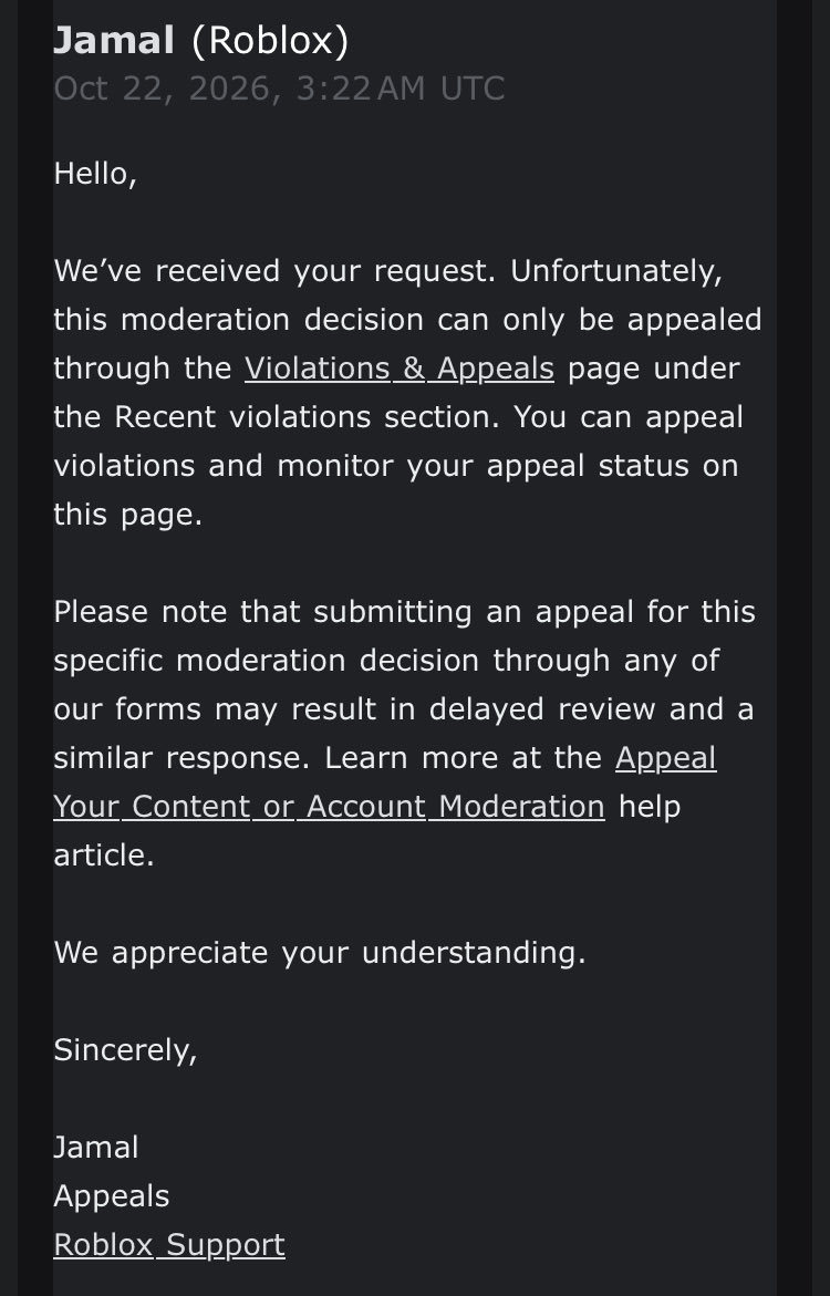 zonotevenhere's tweet photo. @cwujte @KreekCraft @MaximumADHD evidence from 10-07 getting me banned on 10-16 . ahh yes ai ban doing what it shouldn't. and mods denying my roa requests ! amazing roblox, amazing. https://t.co/h5fLfz9GL9