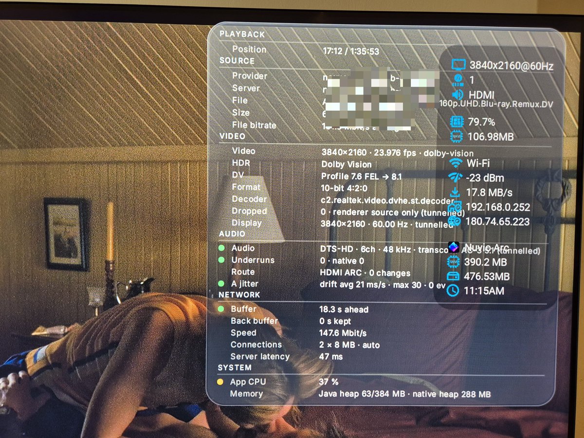 alphaque's tweet photo. It takes a special kind of crazy to run two telemetry HUD overlays on top of each other.

Android TV performance tuning and app development in low memory environments requires it.

And BTW, that's the delectable Maria Bello doing the nookie with Viggo Mortensen. https://t.co/jeeGkzPVtC
