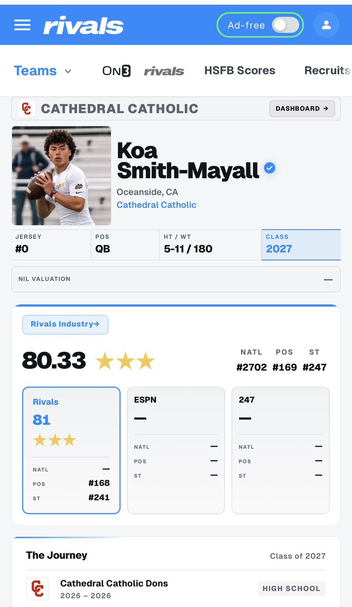 Koa_SmithMayall's tweet photo. Thank you @Rivals 🙏🏽 Blessed to play the game I love!!! More work to do! 

@CharlesPower @GregBiggins @Donsfootball @CoachDanny10 @LeftCoastAthl @CoachReyes_ @mikehuntley63 @Daygofootball @adamgorney @TomLoy247 @SDPrepInsider @PPRPapaPig @KUSIPPR @sdut @westcoastpreps_ @BlairAngulo @SDProspectsFB @On3 @247recruiting