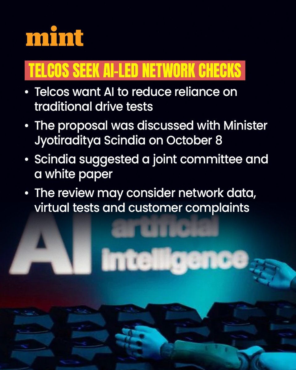 livemint's tweet photo. #MintPremium | The proposal came up during a meeting between communications minister Jyotiraditya Scindia and telecom executives at the India Mobile Congress on 8 October. Scindia suggested forming a joint committee to review and simplify service-quality monitoring, the people said, adding that the minister also asked telcos and officials to prepare a white paper to address the issues.

Read more: https://t.co/mJKNOm5Zu7