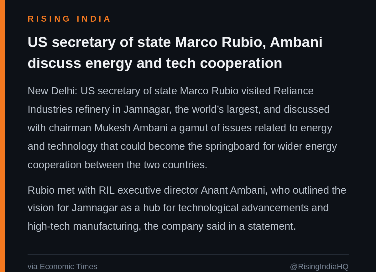 RisingIndiaHQ's tweet photo. MARCO RUBIO, MUKESH AMBANI DISCUSS ENERGY AND TECH COOPERATION AT WORLD'S LARGEST REFINERY IN JAMNAGAR https://t.co/BZkwVXVEJG