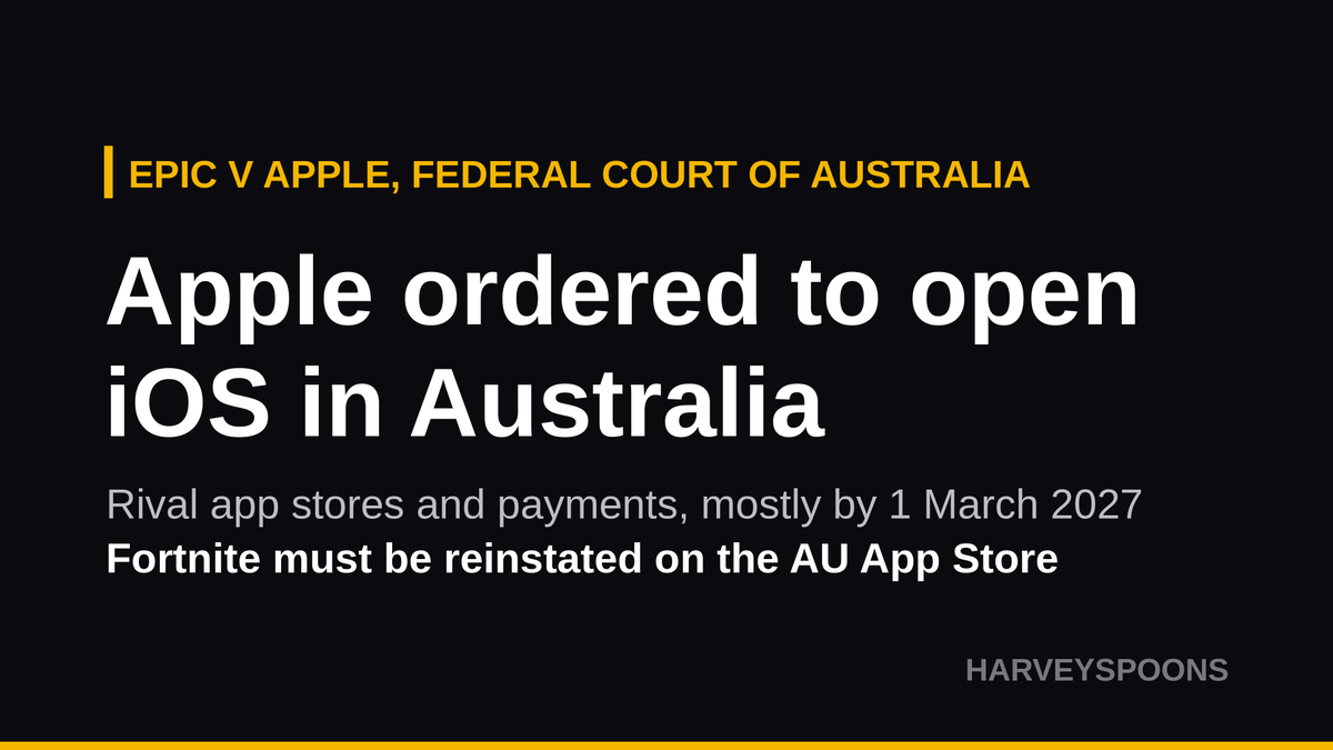 Harveyspoons's tweet photo. Federal Court orders Apple to open iOS in Australia 🇦🇺 Justice Beach ruled Apple must allow rival app stores and payments for Aussie accounts, with most changes due by 1 March 2027, and Fortnite must be reinstated on the AU App Store. Epic's bid for global remedies failed, so this one is AU only

Would you actually use a third-party app store on your iPhone?