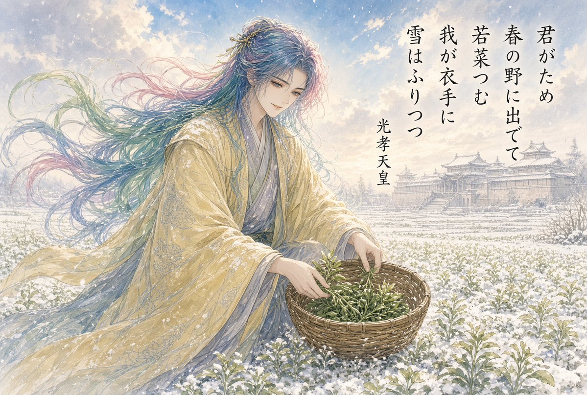 aqua_Lapin's tweet photo. おはようございます❣
本日も宜しくお願い致します💕(￣▽￣)ゞ

1970年代の日本食が一番体に良いと、
科学的に証明されているとか…
野菜と大豆類と若芽とか良いのね。
豚肉も良いのよ❣無くしてはいけない文化。

作者：光孝天皇
温和な人柄と優れた教養で知られています。 https://t.co/ukSSyme5pS