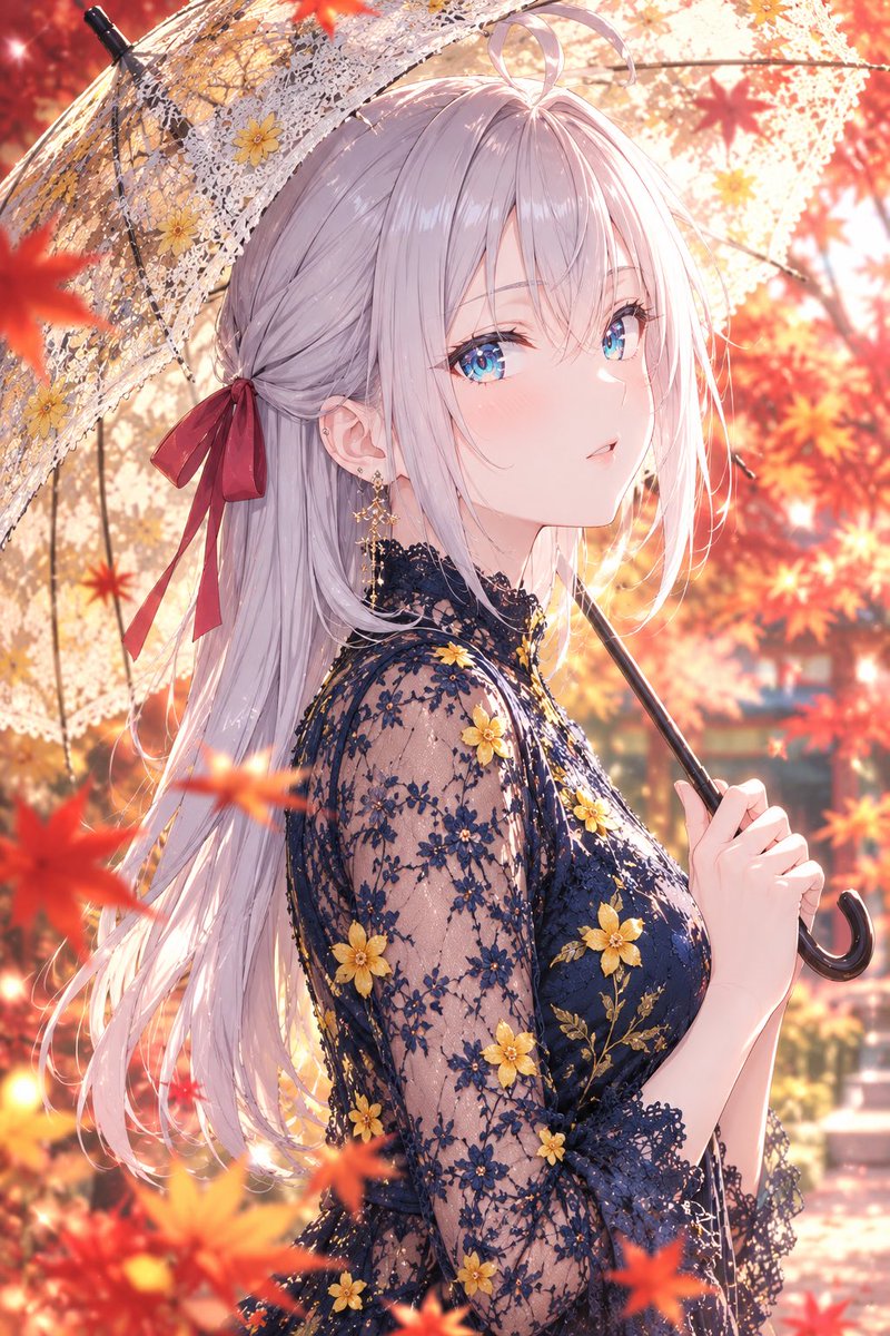ko_AIedit's tweet photo. 「あら、こんにちは。
あなたも紅葉狩りに来たの？🍁✨
……ふーん、でもさっきから景色を見ていないみたいだけど。
もしかして私に見惚れちゃった？
いいわよ、遠慮しなくて。
せっかく綺麗にしてきたんだもの……あなたには特別に見せてあげる🤍🍁」

#AIイラスト
#AIart
#ロシデレ
#アーリャ
#alya https://t.co/6MzuZeNjgU
