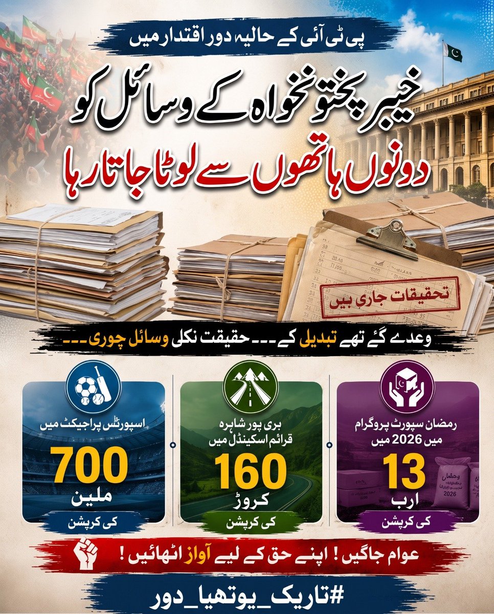 Dr_emann_'s tweet photo. تبدیلی کے نعرے لگانے والی پی ٹی آئی کے دور میں خیبر پختونخوا کے وسائل کی مبینہ لوٹ مار جاری رہی؛ اسپورٹس منصوبوں میں 70 کروڑ اور دیگر اسکیموں میں اربوں روپے کی کرپشن کے معاملات سامنے آئے۔ عوام کے پیسے پر ہاتھ صاف کرنے والوں کا کڑا احتساب کیا جائے! 
#پی_ٹی_آئی_لوٹ_مار https://t.co/2G8mt9EHMW