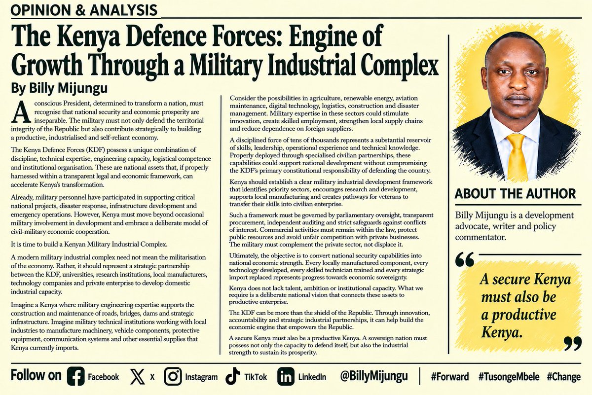 BillyMijungu's tweet photo. The Kenya Defence Forces: Engine of Growth Through a Military Industrial Complex.

A secure Kenya must also be a productive Kenya. 

Follow on Facebook, X, Instagram, TikTok and LinkedIn: @BillyMijungu
#Forward #TusongeMbele #Change https://t.co/krY0mtLNka