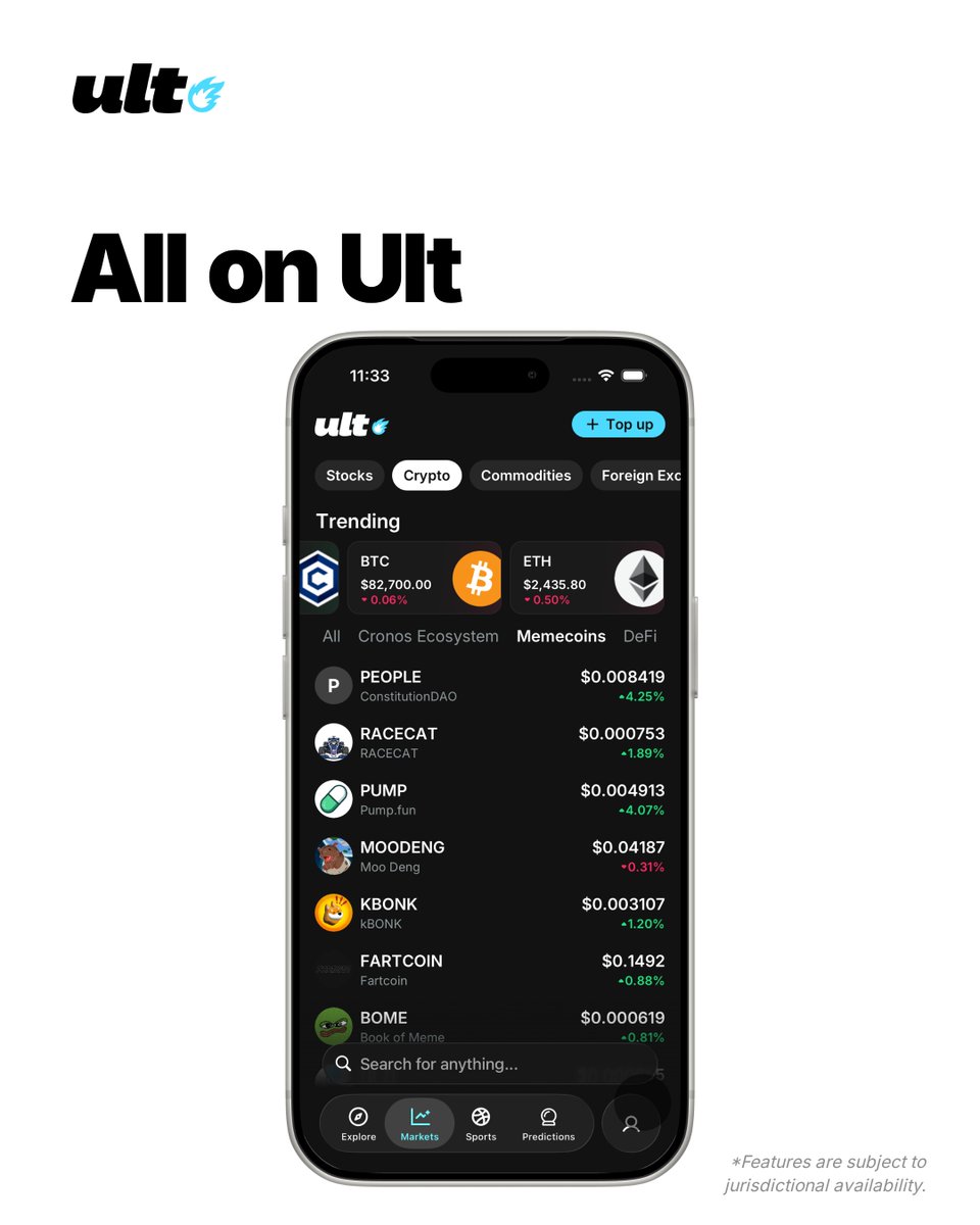 UltApp's tweet photo. RWA
Stock tokens
Crypto
Predictions

and memes 🩵 all on Ult https://t.co/b0jf1M9PmY
