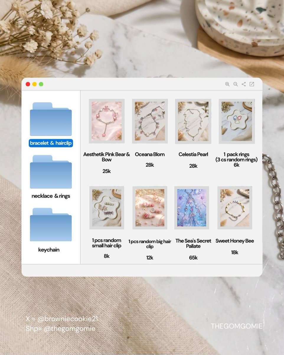 stuffsite's tweet photo. sells spill aksesoris handmade gemes mulai 6rb! 🎀✨
​Katalog:
🌸 Bear Bow 25k
🌊 Oceana 28k
✨ Celestia 28k
💍 Rings 6k
🎀 Small Clip 8k
💖 Big Clip 12k
🧜‍♀️ Sea Secret 65k
🐝 Honey Bee 18k
​Yuk checkout! 🛒
Shopee: @ thegomgomie
X: @ browniecookie21 https://t.co/nzwuOuHJdq