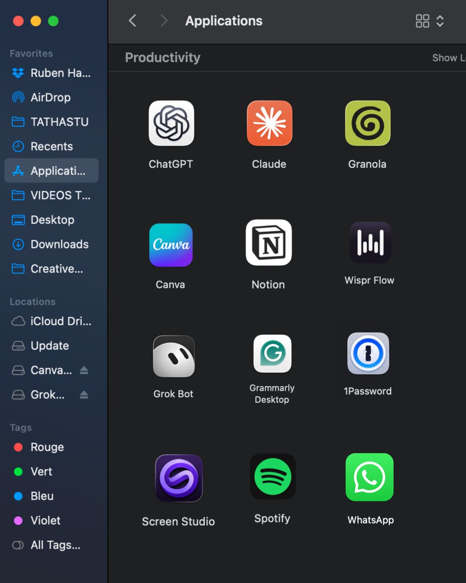 rubenhassid's tweet photo. I spend (at least) $1,000 per month on AI, mostly to test new tools. And I keep coming back to the same few apps:

✦ https://t.co/d4f30RVoXa

My go-to tool for almost all tasks. 
Use Opus 5.5 on Medium as your default settings. Not Max. It will hit your limit within an hour.
Click '+' → Connectors → Tool access → On demand. It won't load the apps it doesn’t need.

✦ https://t.co/7o1Ws5btje

The best (free) AI model if you don't want to pay for any subscription. It can make good images and is great for quick search.

✦ https://t.co/n5UcjITg29

Hold one key (Shift on your keyboard). Talk.
I stopped typing because of Wispr.
It ignores the "ums," formats it, drops it in any app - 4x faster than typing. Works across any app, natively on your laptop.

✦ GrokBot (https://t.co/k5q7JOQ80Y)

The only agent I have never hated, because of how simple it is. it feels like I am talking to Claude, but it can also do crazy stuff.
I set up my automations once, and it does them for me.

✦ https://t.co/uQRpOnr1VI

Notetaker that doesn't join the call.
It writes the full notes after. No bot ever joins the meeting. Transcripts are searchable with keywords.

✦ https://t.co/dDI75Yo8WP

I receive 100 DMs asking which tool I use to record my videos. Today I am telling you my secret. It's Screen Studio. I record all my videos with it.
It zooms in where I click, so I barely edit after. 

✦ https://t.co/SBZKAX2mYq

I design almost all the image posts in Canva. 
Upload your brand kit to create designs in your colors & fonts. It's AI magic features are getting better day by day.

✦ https://t.co/BHQlHYIFpz

Go to Notion and enter space bar to "Ask AI." It can search Notion, Slack, Drive & Gmail from one box. My entire workspace is in Notion. 

✦ https://t.co/IeycT1l4Vy

I am not a native English speaker. And so are most of us. So it comes in handy to check before I post. 
The free plan is enough. The “upgrade now” pop-ups drive me crazy though.

✦ https://t.co/fxeRrobHjY

The only app I trust for my passwords and API keys.
I can even securely share it with my team.

I also tried the entire ocean of other tools, but actually forgot it existed.

I test new AI tools every week & write down what works in “How to AI”: https://t.co/psB7XxAv8w