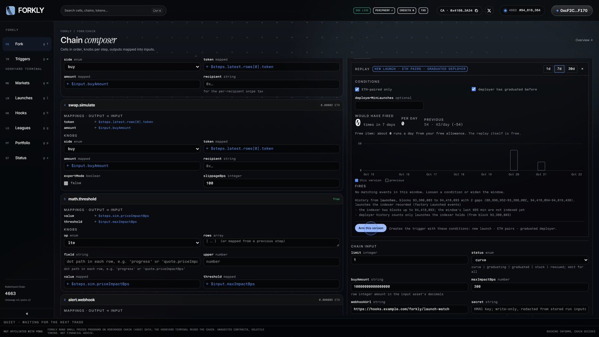 UseForkly's tweet photo. Happy with the result? Select “Arm this version” to create a trigger with the conditions you tested.

Replay shows available history and indexer lag so you can judge the coverage.

See what it would have caught.

https://t.co/q8H1ELoZVP https://t.co/ulCKm7bIBN