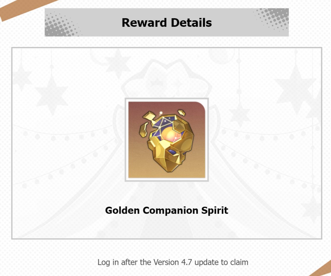 StarRailVerse1's tweet photo. A GOLDEN COMPANION SPIRIT WILL BE GIVEN FOR FREE IN 4.7

#HonkaiStarRail https://t.co/D4q2QPhYAg