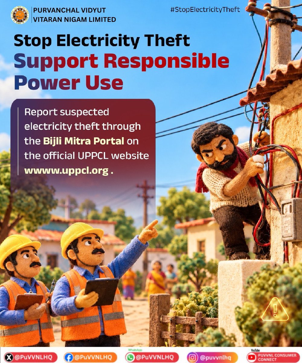 PUVVNLPRTAPGARH's tweet photo. Electricity theft affects the power network and can impact responsible electricity use. If you notice suspected electricity theft, report it through the Bijli Mitra Portal at https://t.co/3TFxDomPtt and do your part in supporting a safer and more responsible power system. 
#UPPCL #BijliMitra #ElectricityTheft
@PuVVNLHQ @UPPCLLKO