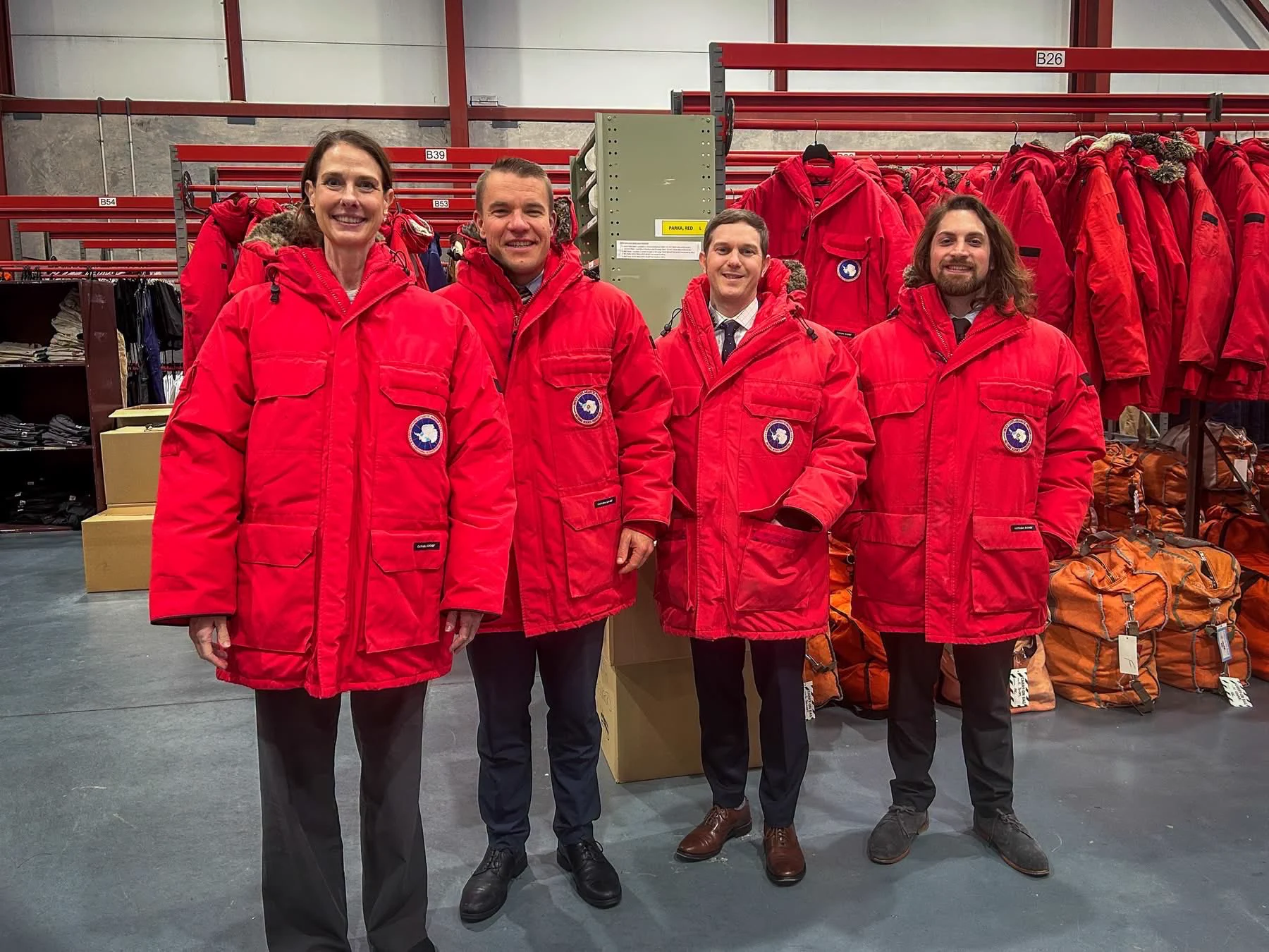 Trying the iconic red parkas! Deputy Chief of Mission Gabrielle Cowan visits the U.S. Antarctic Program’s Clothing Distribution Center, where teams help prepare researchers for life on the ice.