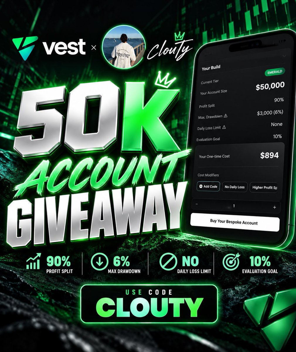 VClouette's tweet photo. 🚨 GIVING AWAY 50K VEST ACCOUNT 🚨

I am giving away a $900 eval, in my opinion the best one in the industry.

To Participate :

- Follow @VClouette 
- Like & Repost
- Click on this link : https://t.co/FrRvkgUEdG
- Comment Done

Bonus entry, Join the discord (Show proof in comments) : https://t.co/m4XU7fJI1Z

Winner announced in 3 days !