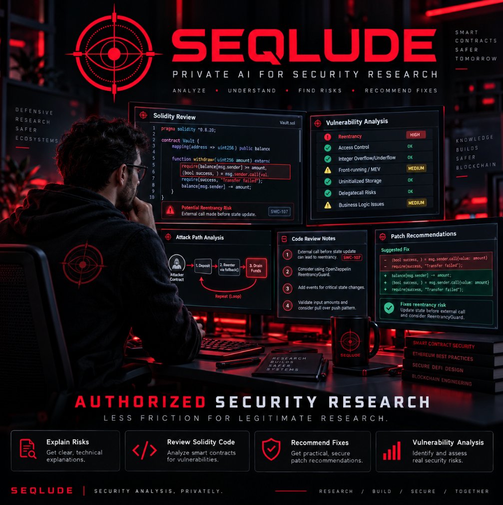 Seqlude_AI's tweet photo. The situation :
A security researcher is auditing their own smart contract. 
They want to understand vulnerabilities, analyze suspicious code, and identify possible attack paths before deployment. https://t.co/fDqP9khAum