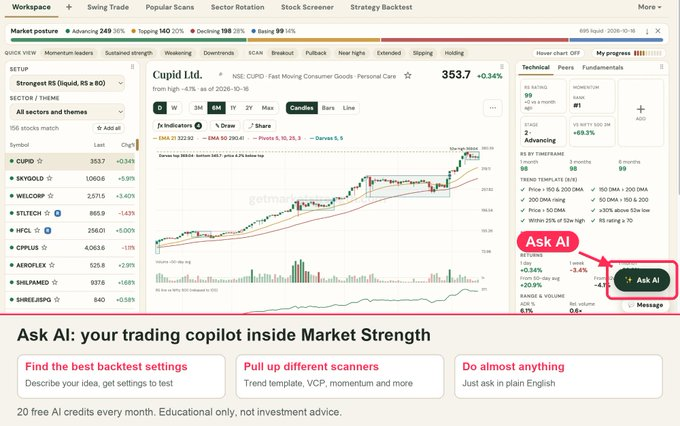 BigDickNick07's tweet photo. Market Strength now has real AI built in 🤖 
Tap "Ask AI" and type what you need: 
• Best backtest settings for your idea 
• Different scanners 
• Almost anything, in plain words  
20 free credits every month 🆓 
🔗 https://t.co/ch4gppKgiW https://t.co/IcOnqdJNVe