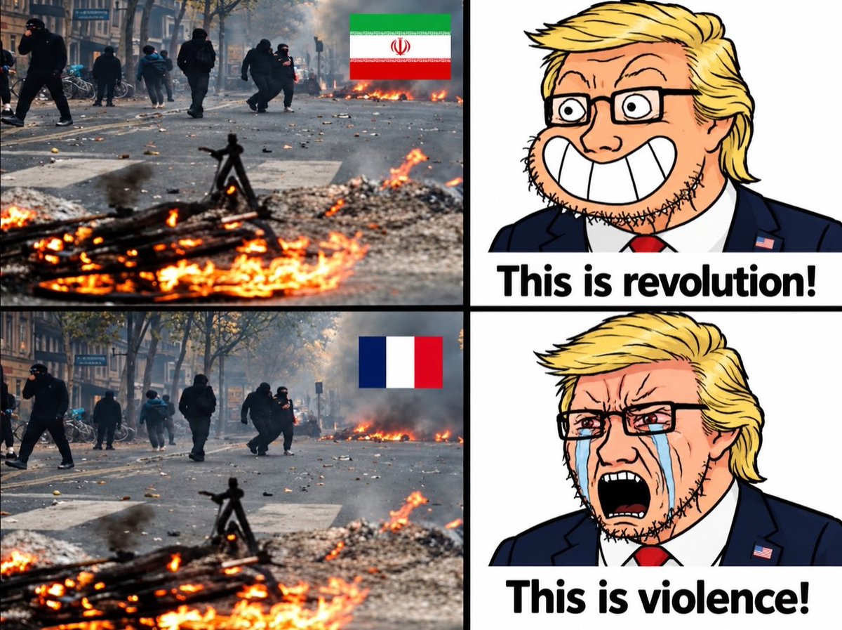 Partisan_12's tweet photo. Rioters vandalizing public property in Iran.

🇺🇸: “This is a Revolution!”

Rioters vandalizing public property in France 🇫🇷 .

🇺🇸: “This is Violence!” https://t.co/GVOGcUamvl