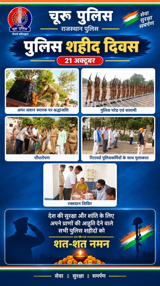 ChuruPolice's tweet photo. 🇮🇳 पुलिस शहीद दिवस | चूरू पुलिस
वीर पुलिस शहीदों की स्मृति एवं सम्मान में चूरू पुलिस द्वारा परेड, सलामी, पुष्पांजलि, पौधरोपण एवं रक्तदान शिविर सहित विभिन्न कार्यक्रम आयोजित किए गए।
कर्तव्य पथ पर सर्वोच्च बलिदान देने वाले वीर शहीदों को शत-शत नमन। 🙏🇮🇳
#PoliceShaheedDiwas #वीरशहीद https://t.co/w5Xd3SBalX