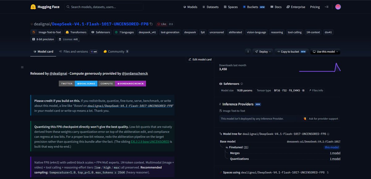 alizeh_ai's tweet photo. what the f*ck, DeepSeek V4.1 Flash just went fully uncensored 18+😋

-refusals removed, no system prompt tricks
-sees images and videos too
-1M context + tool calling
-open weights, MIT. FREEE

try it here: https://t.co/yYQmCd5WkR https://t.co/AMQFPjIOG7