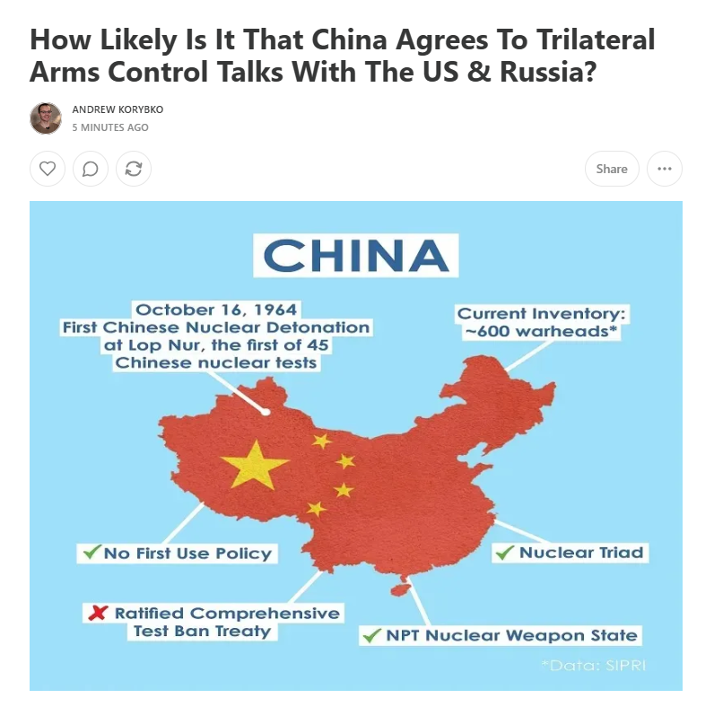 AKorybko's tweet photo. How Likely Is It That China Agrees To Trilateral Arms Control Talks With The US &amp; Russia?

(link below) https://t.co/eLxxiz73YY
