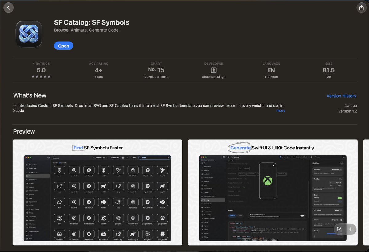 Shubham_iosdev's tweet photo. I built SF Catalog for Apple platform developers to fill in a few gaps I always felt Apple’s SF Symbols app had.

Seeing it sitting at #15 in Developer Tools feels so good :D

If you’ve used SF Catalog and found it useful, I’d appreciate a quick review.

https://t.co/hpsomznLXB https://t.co/WQWOeIuxvD