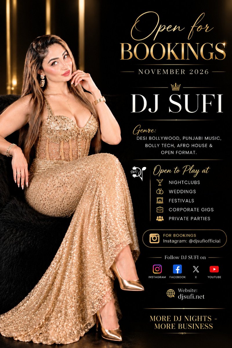 SUFIKHAN_SK's tweet photo. ๐ฅOPEN for Bookings - NOVEMBER 2026๐ฅ
๐ง @DJSUFIOFFICIAL ๐ฟ
Lets Party, Dance on Trending Music, Cheers with Wine,Champagne & Classic Coctails & Vibe All Night while I spin on the DJ decks for you all !! ๐พ๐ท๐น๐ชฉ๐๐ป๐บ๐ปโจ๏ธ
#djsufi #femaledj #djane https://t.co/DC1No6SwXc