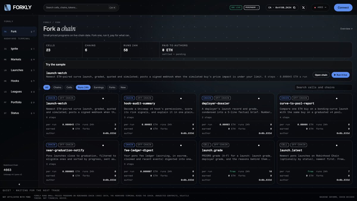 UseForkly's tweet photo. 23 cells. 8 chains. One library for live Robinhood Chain data.

Read the source. Run a cell. Try launch-watch: six steps for 0.000045 ETH per run.

Fork a program and make it yours. Paid runs share earnings with its authors.

https://t.co/nEy2Lbfo0G https://t.co/karjsVyemq