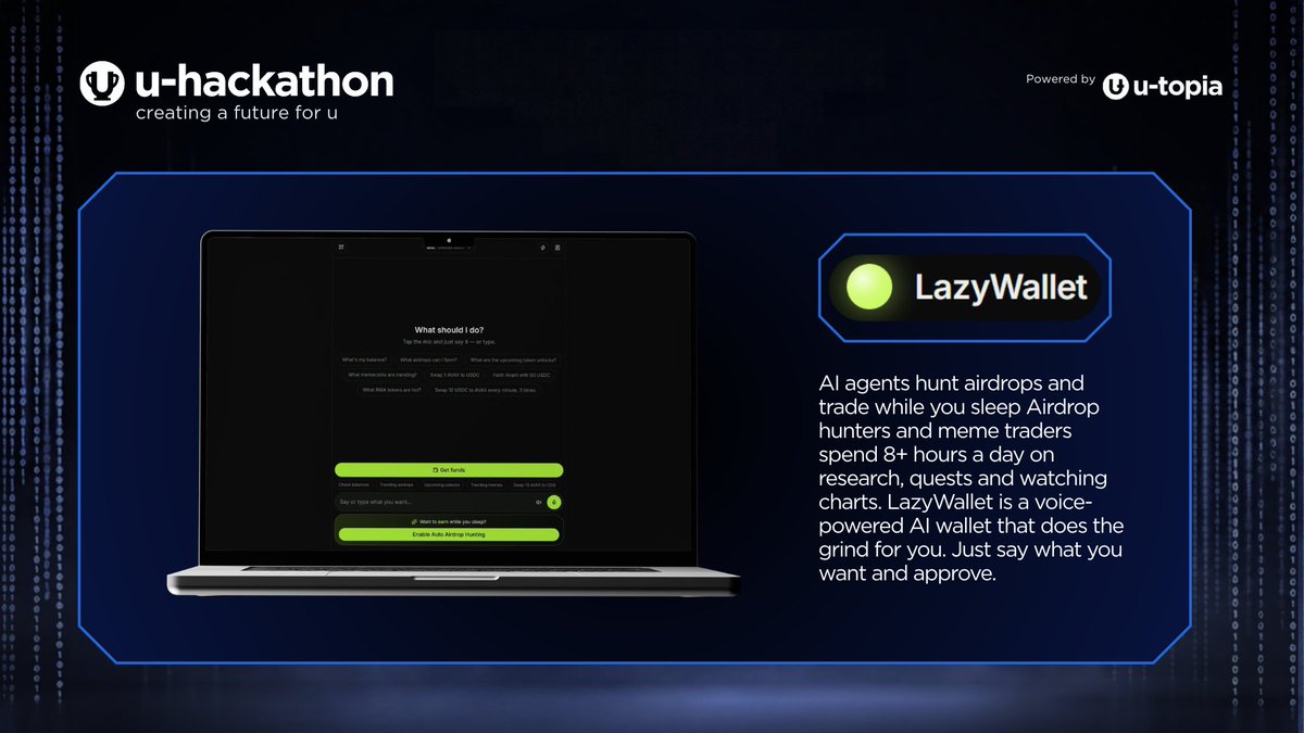 U_Hackathon's tweet photo. 7/8 🥉 WEB3 TRACK: LazyWallet

An AI wallet that works while you sleep.

LazyWallet hunts airdrops, trades and monitors token unlocks, taking on the daily research grind. Just say what you want and approve. https://t.co/qEbVWwDtkf