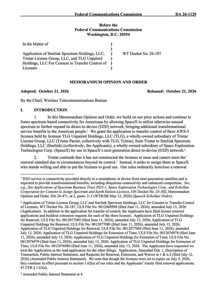 SawyerMerritt's tweet photo. SpaceX has just officially received FCC approval to acquire three additional spectrum licenses from Tristar to expand its upcoming next-gen @Starlink Mobile network.

The licenses cover 15 MHz of spectrum in the 1695–1710 MHz band.

The FCC also granted waivers allowing SpaceX to use the spectrum for satellite communications instead of building traditional cell towers.

This approval comes just two weeks after SpaceX announced an agreement to acquire nationwide 800 MHz low-band spectrum to improve indoor coverage and outlined plans to combine its satellite constellation with terrestrial infrastructure.

Starlink Mobile will become the first network operator to deploy both satellite and terrestrial spectrum: "One network that provides Americans with a reliable service indoors, outdoors, in cellular dead zones, and everywhere in between."