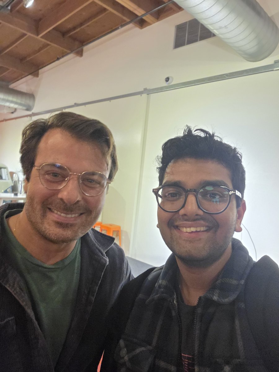 Krrishagar's tweet photo. Meeting @FrancoisChauba1 at the @ycombinator paper club. 

Discussed briefly about the future of local models, his idea was that we would have a million models and router between them. 

My idea : Generate synthetic environments at scale and post train <30Bn model to exceed the frontier performance while keeping the costs 10x lower :)

Pretty optimistic on the future of small models ( <30B is not small but substantially big as well ).

#PaperClub