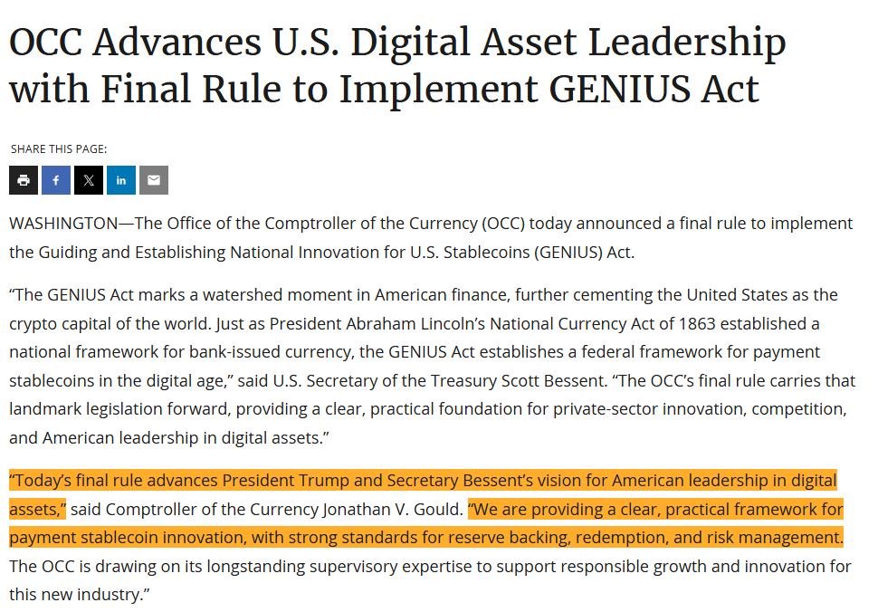 RobynHD's tweet photo. 🇺🇸 Neue Stablecoin-Regeln endgültig beschlossen!

Die US-Bankenaufsicht OCC hat gestern die finalen Vorschriften zur Umsetzung des GENIUS Acts veröffentlicht. Ab dem 18. Januar 2027 treten diese in Kraft.

Damit bekommen Stablecoins in den USA erstmals einen umfassenden regulatorischen Rahmen.

Die wichtigsten Punkte:
• Stablecoin-Emittenten müssen ihre ausgegebenen Token zu mindestens 100% durch entsprechende Reserven absichern.
• Rückzahlungen müssen grundsätzlich innerhalb von zwei Geschäftstagen erfolgen.
• Für Emittenten gelten neue Anforderungen an Verwahrung, Risikomanagement, Prüfungen und Aufsicht.

Besonders spannend bleibt allerdings das Thema Zinsen auf Stablecoins.

Während Emittenten weiterhin keine direkten Zinsen für das bloße Halten ihrer Stablecoins zahlen dürfen, hat die OCC ein ursprünglich geplantes pauschales Verbot bestimmter Belohnungsprogramme von Drittanbietern gestrichen.

Angebote von Kryptobörsen könnten damit weiterhin möglich sein, müssen allerdings einzeln geprüft werden.

US-Finanzminister Scott Bessent bezeichnet die neuen Regeln als historischen Meilenstein und vergleicht sie mit der Einführung eines einheitlichen US-Währungsrahmens im Jahr 1863.

Für mich ist das langfristig eine positive Entwicklung. Stablecoins werden damit stärker in das traditionelle Finanzsystem integriert und bekommen gleichzeitig mehr regulatorische Sicherheit.

Der Wettbewerb zwischen Banken und Kryptounternehmen dürfte dadurch weiter zunehmen.