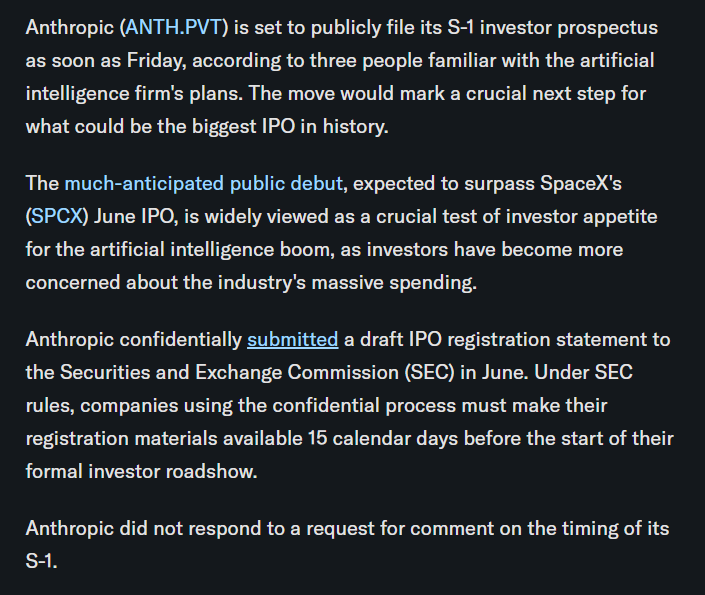 StackerSatoshi's tweet photo. Anthropic may publicly file for IPO as soon as Friday.

The next stage of the AI trade is unfolding. https://t.co/LasrPNSmJo
