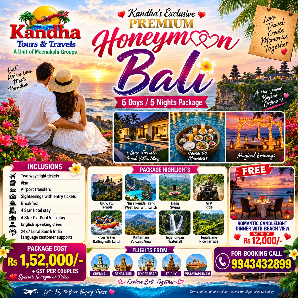 SonglAkcent's tweet photo. KANDHA’S Exclusive Bali Honeymoon Package

6 Days / 5 Nights from ₹1, 52, 000 + GST per couple

Includes flights, visa, transfers, 4-star hotel and private pool villa, breakfast, sightseeing, ATV, rafting, Nusa Penida, Uluwatu and more. https://t.co/WliWzxvhyJ