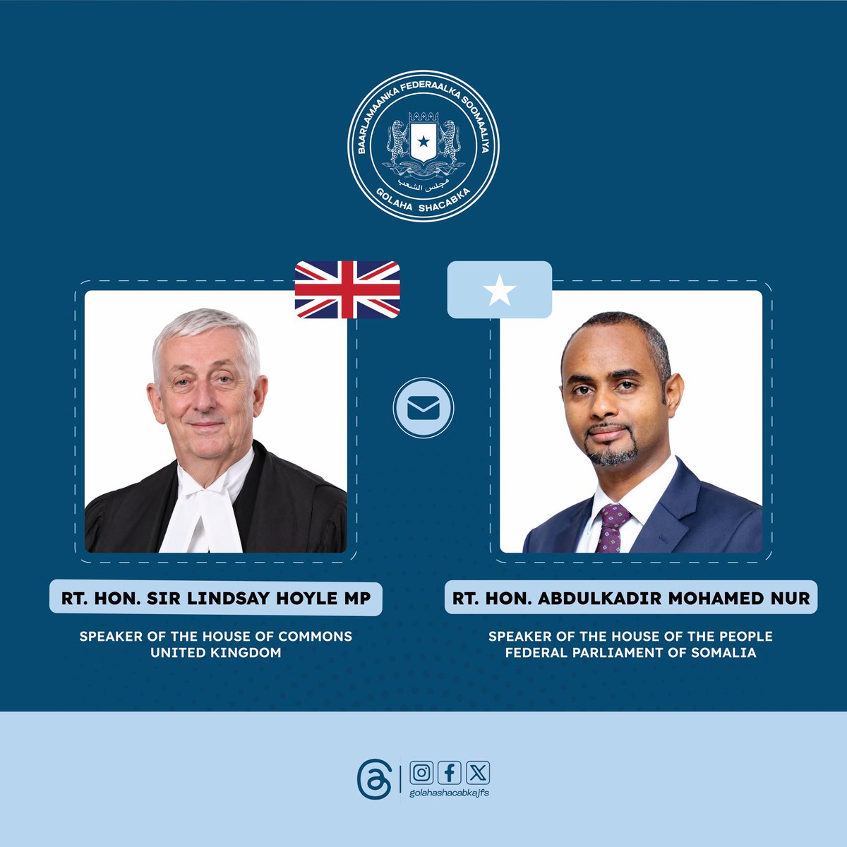 Amohamednur's tweet photo. I extend my sincere appreciation to Rt. Hon. Sir Lindsay Hoyle MP, Speaker of the UK House of Commons, for his warm congratulatory message on my election as Speaker of the House of the People of the Federal Parliament of Somalia.

I deeply value the friendship and parliamentary cooperation between Somalia and the United Kingdom.