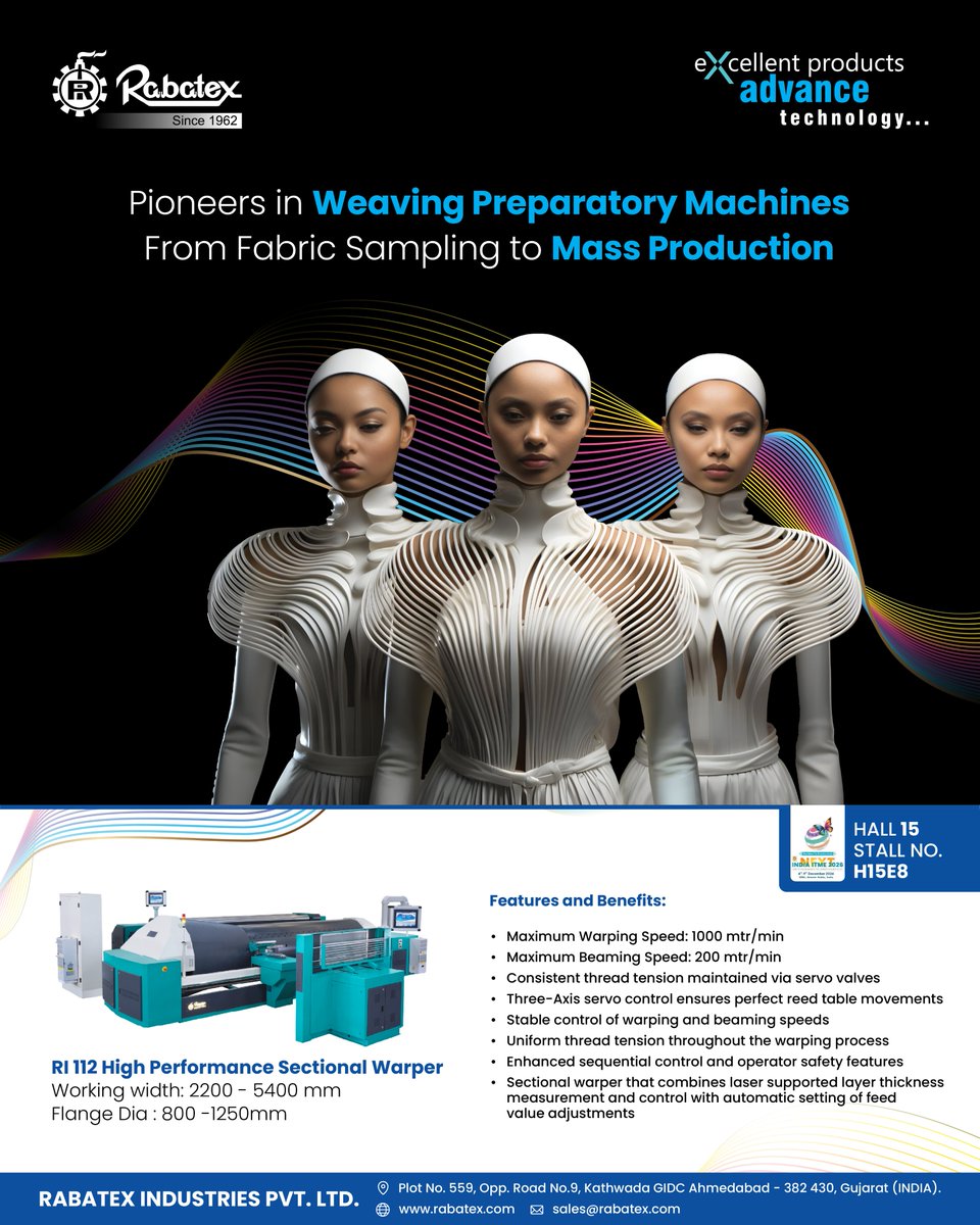 MagazineTextile's tweet photo. Since 1962, we've been weaving the future — from fabric sampling to mass production. 🧵

📍 Visit Rabatex at India ITME 2026 — Hall 15, Stall H15E8

🔗 𝐋𝐞𝐚𝐫𝐧 𝐦𝐨𝐫𝐞: https://t.co/dRP1MzcaMj

#Rabatex #TextileMachinery #ITME2026 #Weaving #MadeInIndia https://t.co/NJKNUOdJeg