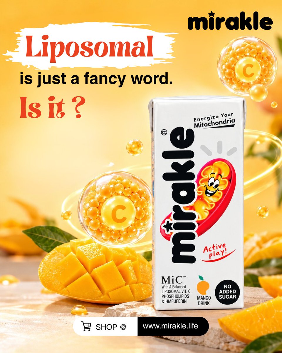 mirakledrink's tweet photo. Liposomal isn’t just marketing—it’s a delivery method! 🧪✨ It wraps Vitamin C in phospholipids, designed to help your body absorb it better.
That’s why Mirakle chooses liposomal Vitamin C. 🥭
#Mirakle #LiposomalVitaminC #MythVsFact #ScienceMadeSimple https://t.co/9G0Q60Bemn